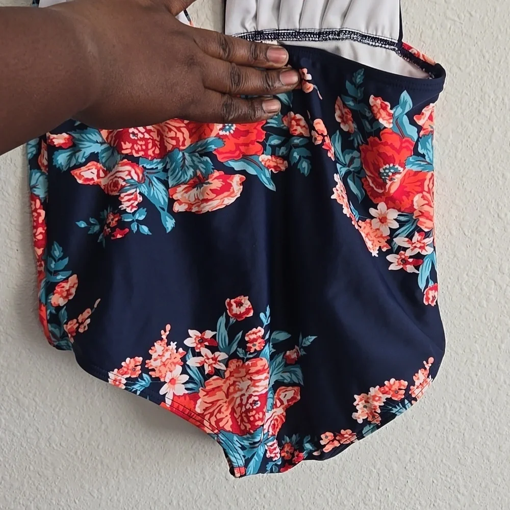Cocoship Floral Blue One Piece Halter Neck Swimsuit